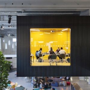 suspended office with yellow walls