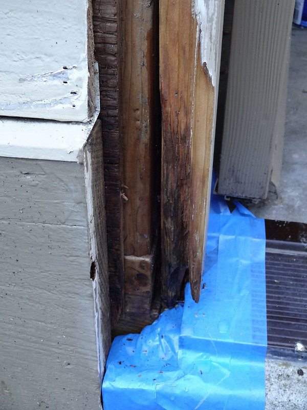 Rotted wood from the lower part of a door frame